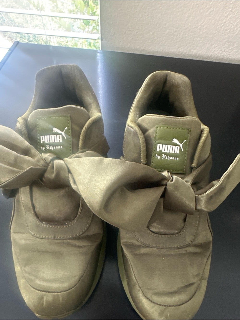 Rihanna Puma Olive Green Satin Bow Sneakers - Picture 4 of 6